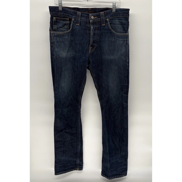 Nudie Jeans Indigo Slim Fit Straight Leg Button Fly Distressed Denim Men 31X32 - Picture 1 of 9